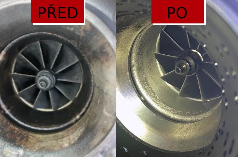 2 fotky turbodmychadla, které zachycují součástku před a po dekarbonizaci.